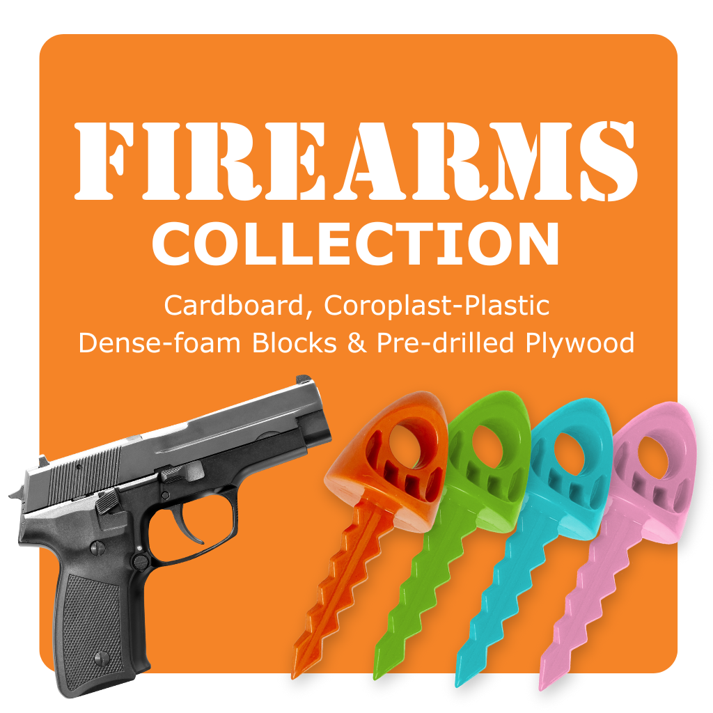 An orange square with the text: Firearms Collection for Cardboard, Coroplast-Plastic, Dense-foam Blocks & Pre-drilled Plywood