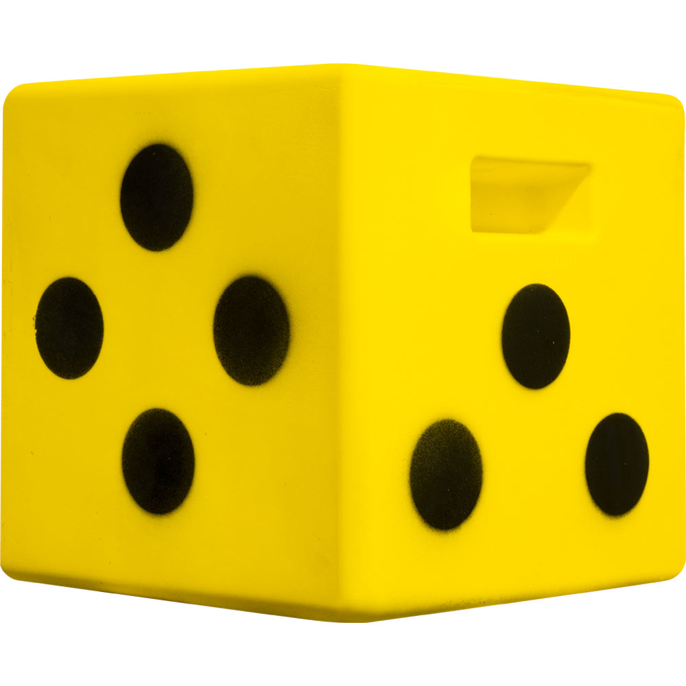 A bright yellow cube-shaped archery target with black circular dots and a recessed cutout on one face, shown on a plain white background.