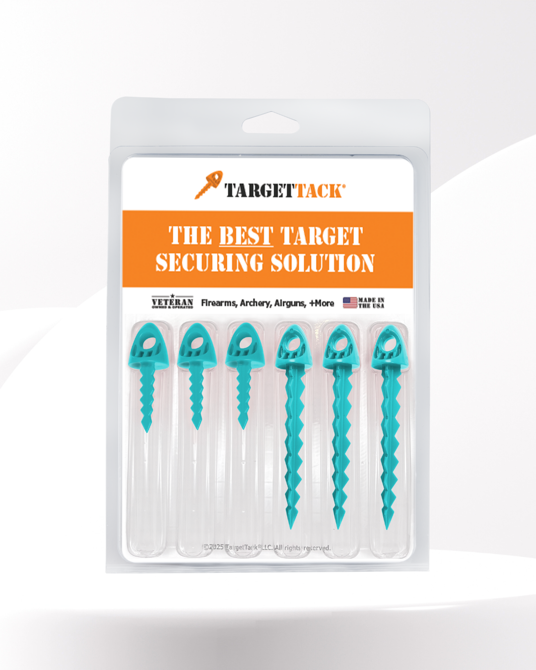 A pack of six teal TargetTacks in a clear plastic packaging with the product branding visible on the top.