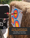 Archery target on a hay bale with arrows embedded, against a black background with text about target tack types.