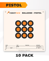 Printed paper target for pistol practice with bullzone bullseye design.