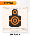 Printed paper target for pistol practice with Call Your Shot bullseye design.