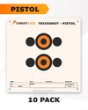 Printed paper target for precision rifle with Trickshot bullseye design.