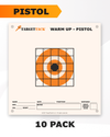 Printed paper target for pistol practice with warm-up bullseye design.