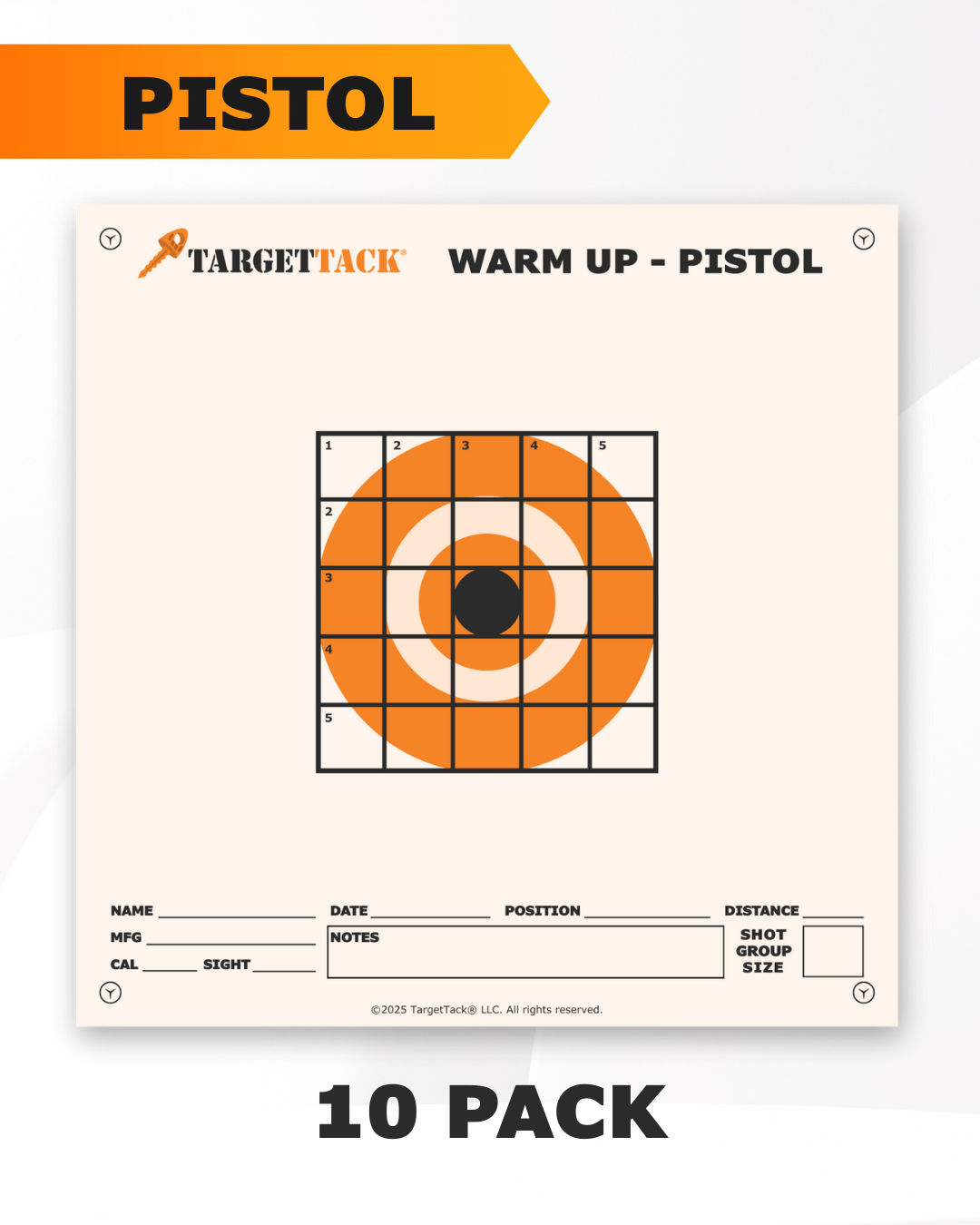 Printed paper target for pistol practice with warm-up bullseye design.