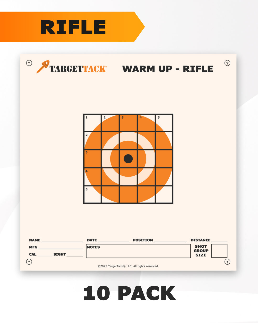 Printed paper target for precision rifle with Warm Up bullseye design.