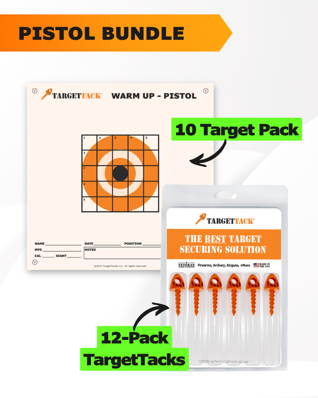 Pistol Practice 10 Target Pack + TargetTack® 1-Inch 12-Pack Bundle