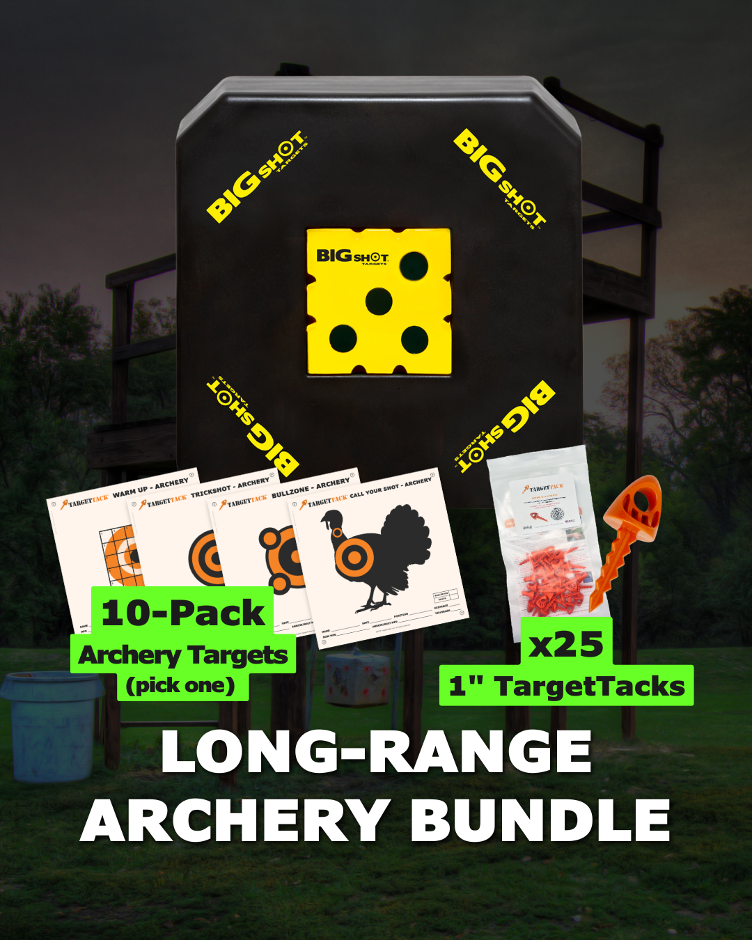 The BIGshot Titan 33 archery target, 4 options of paper targets and 25 TargetTacks for long range archers to set up quickly and without hassle.