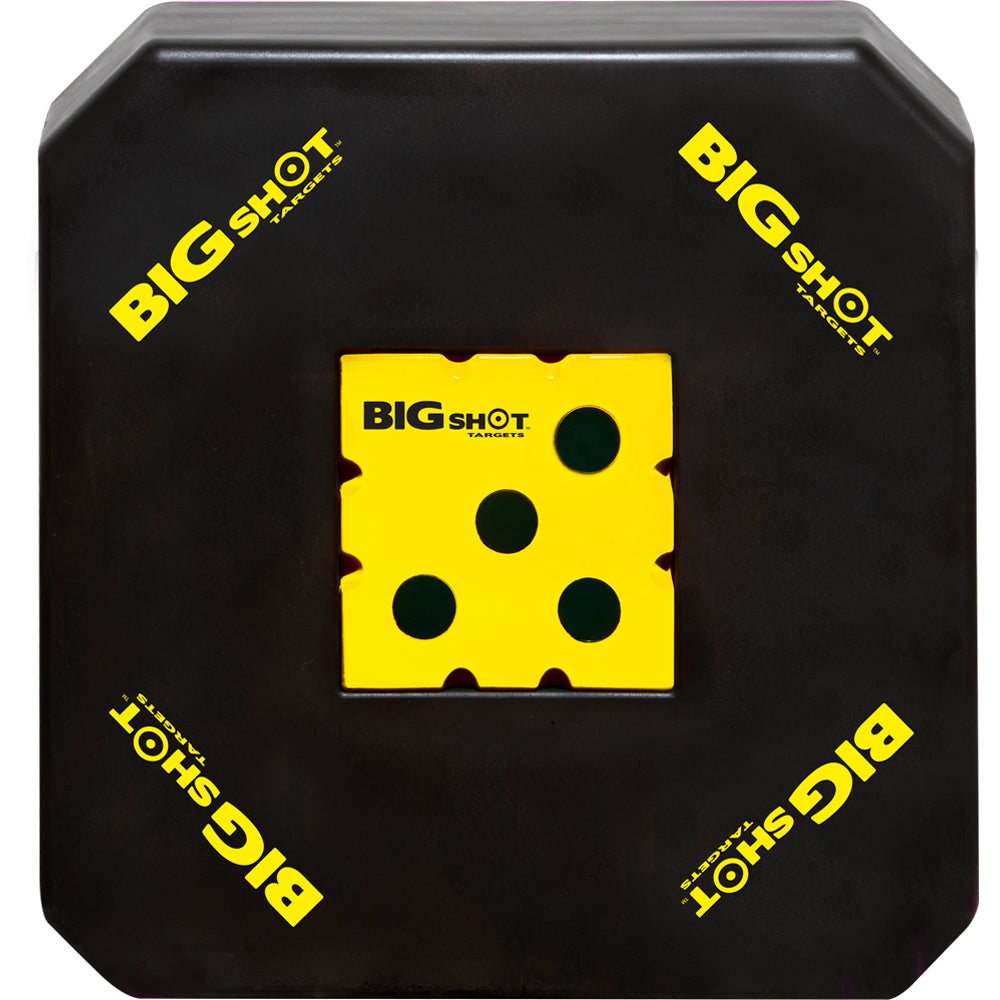 A black octagonal Big Shot Archery target with a yellow bullseye and yellow Big Shot branding printed on the surface.